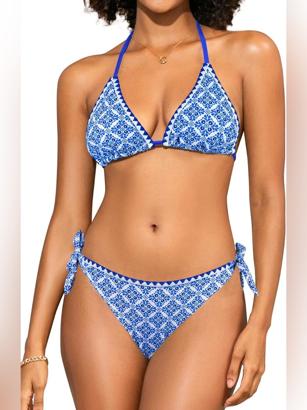SHEKINI Women's Triangle Bikini Set Halter Print Boho Two Piece Knot Ties Sides